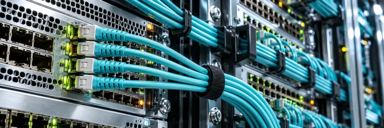 Four parallel fiber cables merging into a single bundle at a rack switch, representing an EtherChannel link aggregation.