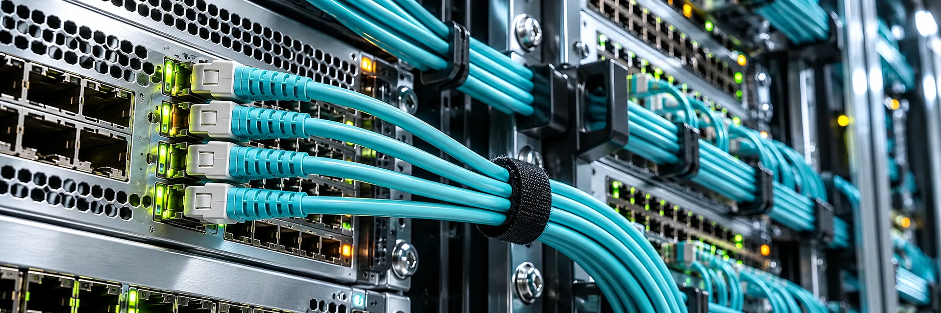 Four parallel fiber cables merging into a single bundle at a rack switch, representing an EtherChannel link aggregation.