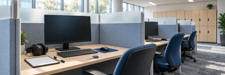 Empty certification testing center workstation with a blank note board and marker before the exam begins.
