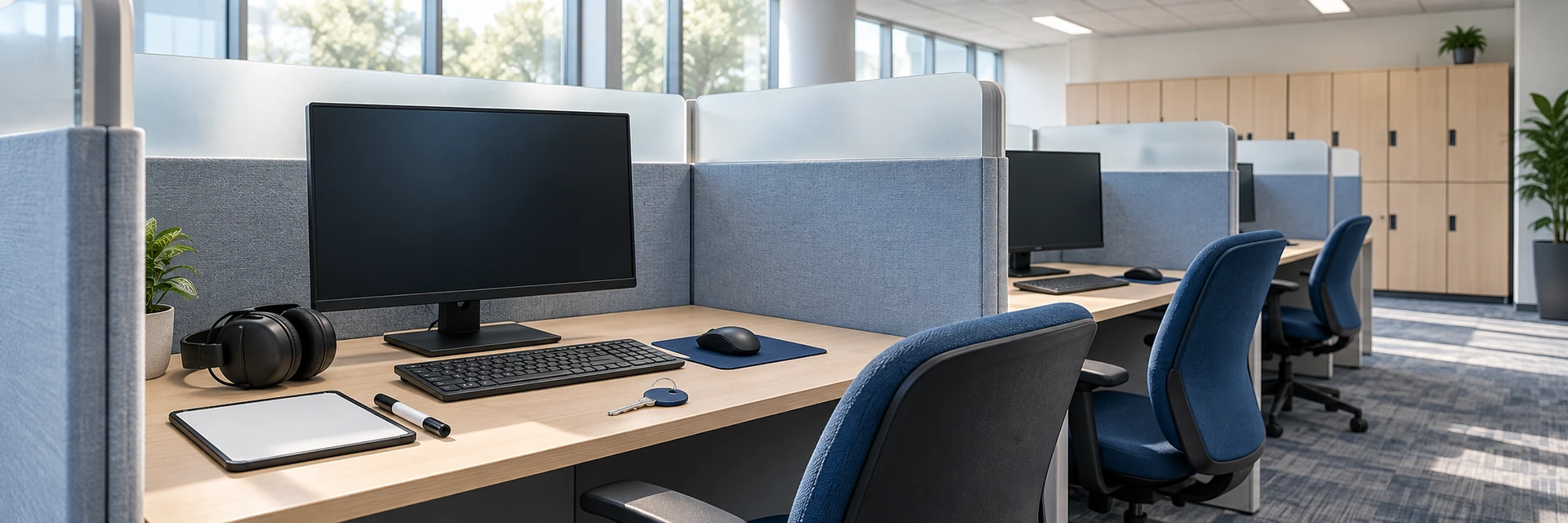 Empty certification testing center workstation with a blank note board and marker before the exam begins.