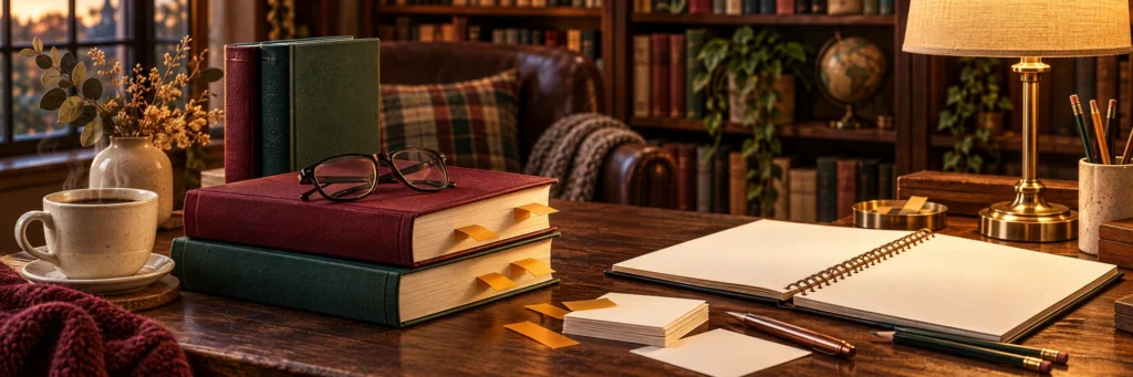 Two thick networking study books with tabbed pages on a desk beside coffee and reading glasses.
