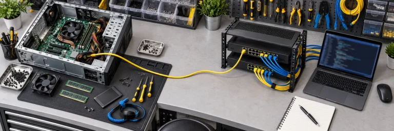 Split scene showing a hardware repair bench on the left and a small home network lab on the right, connected by one cable.